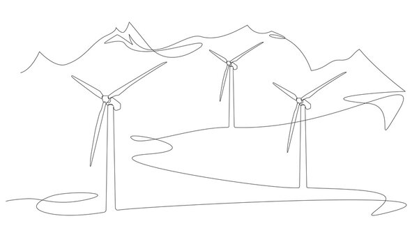 continuous single line drawing of wind turbines in mountain landscape, renewable energy line art vector illustration