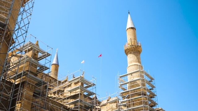 Turkish Cypriot and Turkish flags fly between the Minarets on Selmiye Mosque