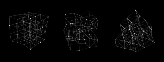 Set of deformed wireframe cube from different sides. Vector abstract geometric 3D objects. Technology block chain network connection.