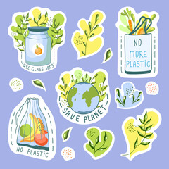 Ecological stickers. Environment protection, sustainability concept. No plastic, safe planet, use your own bag. Reuse. Recycle. Vector illustration.