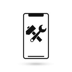 Mobile phone flat design with Crossed hammer and wrench spanner icon