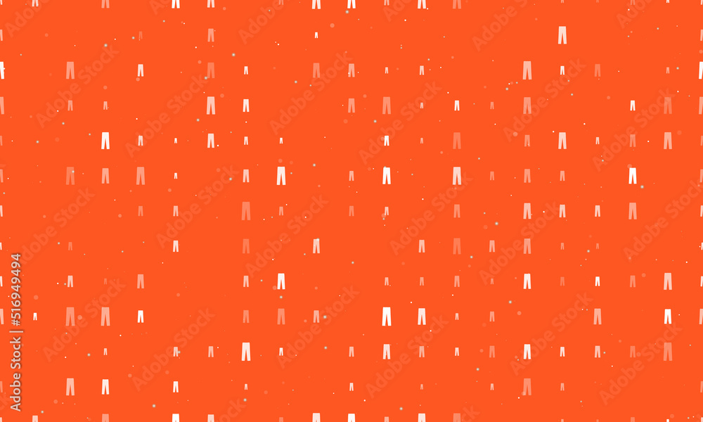 Poster Seamless background pattern of evenly spaced white pants symbols of different sizes and opacity. Vector illustration on deep orange background with stars