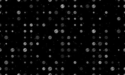 Seamless background pattern of evenly spaced white no dollar symbols of different sizes and opacity. Vector illustration on black background with stars
