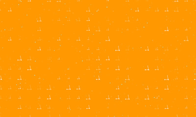 Seamless background pattern of evenly spaced white kick scooter symbols of different sizes and opacity. Vector illustration on orange background with stars