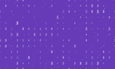Seamless background pattern of evenly spaced white number five symbols of different sizes and opacity. Vector illustration on deep purple background with stars