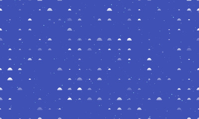 Seamless background pattern of evenly spaced white cloche symbols of different sizes and opacity. Vector illustration on indigo background with stars