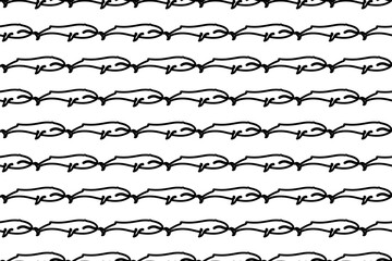 Seamless pattern completely filled with outlines of whale symbols. Elements are evenly spaced. Vector illustration on white background