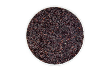 Top view of raw Thai Riceberry in white bowl isolated on white background included clipping path.