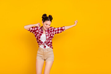 Photo of active pretty nice lady youth raise hands up dancing floor isolated bright color background