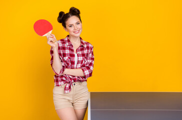 Photo of lovely adorable lady enjoy ping pong training hold racquet isolated shine color background - obrazy, fototapety, plakaty
