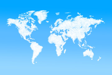 White clouds of world map on the blue gradient background.