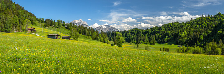 Obraz premium Panorama view of an idyllic alpine landscape in Austria, Heutal, Unken, Pinzgau, Salzburger Land, Austria, Europe