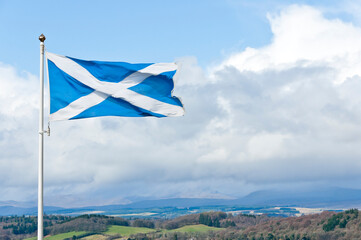 Scottish Flag flying at the Wallace Monument, Bridge of Allan, Stirling, Scotland