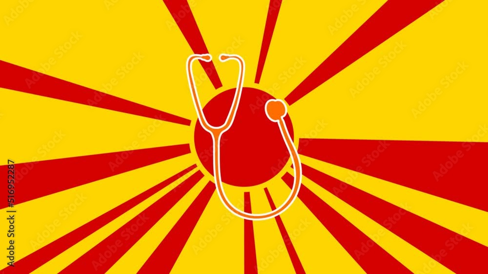 Poster stethoscope symbol on the background of animation from moving rays of the sun. large orange symbol i