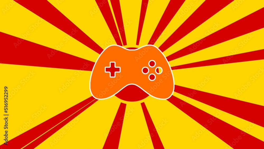 Poster joystick symbol on the background of animation from moving rays of the sun. large orange symbol incr