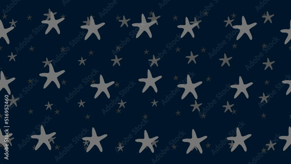 Poster starfish symbols float horizontally from left to right. parallax fly effect. floating symbols are lo