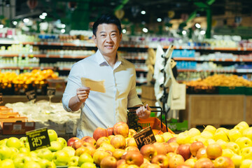 Asian man in supermarket chooses apple fruit, makes purchases looks at shopping list, portrait smiles and looks at camera