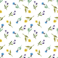 Watercolor seamless pattern with blue cornflowers, yellow dandelion, purple bluebells. Floral illustration boho, natural, botanical style. For decoration, design. Wildflowers, hand drawn flowers.