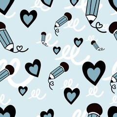 Cute pencil and heart line doodle pattern seamless