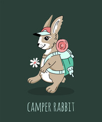Bunny camper on a walk with a backpack. Funny vector illustration on the theme of tourism. T-shirt print.