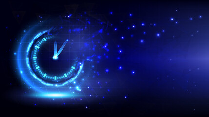 Futuristic Sci-Fi glowing HUD time fading. Abstract time machine and polygon hi-tech background. Data digital clock of head-up display interface. Virtual reality technology timer. Deadline concept