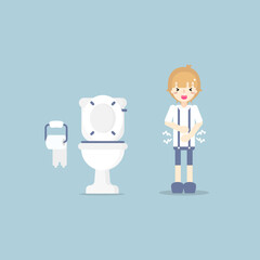 boy having stomach ache, needing to urinate, holding his poo, suffering from diarrhea or constipation, health care concept, sanitation concept, flat character design vector illustration