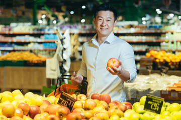 Portrait of Asian supermarket buyer, man chooses apple fruit and put to basket in eco bag, man smiling and looking at camera