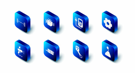 Set Check engine, Multimeter, Gear, shifter, Engine piston, Car muffler, Paint spray gun and Chassis car icon. Vector