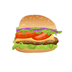 Illustration of a stylized hamburger or cheeseburger fast food food isolated on white background.