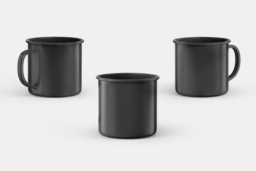 Black color mug mockup isolated on grey background with left, right & center view.