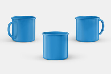Blue color mug mockup isolated on grey background with left, right & center view.