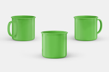 Green color mug mockup isolated on grey background with left, right & center view.