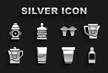 Set Glass with water, Water jug filter, Bottle of, cartridge, Fire hydrant and Big bottle clean icon. Vector
