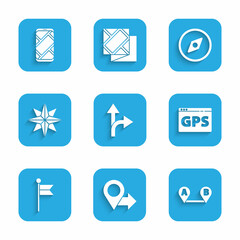 Set Road traffic sign, Location, Route location, Gps device with map, marker, Wind rose, Compass and City navigation icon. Vector