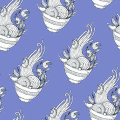 Bowl noodles seamless pattern. Ramen bowl sketch background. Asian food. Chinese, Korean, Japanese cuisine. Design template. Hand drawn vector illustration.