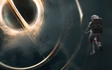 Obraz na płótnie Canvas 3D render of Astronaut looks at black hole and event horizon. 5K realistic science fiction art. Elements of image provided by Nasa
