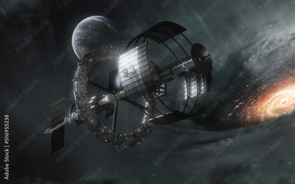 Poster 3d illustration of space station in deep space. 5k realistic science fiction art. elements of image 