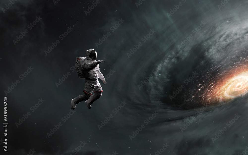 Wall mural 3d render of astronaut looks at black hole and event horizon. 5k realistic science fiction art. elem