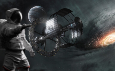Obraz na płótnie Canvas 3D illustration of Space station in deep space. 5K realistic science fiction art. Elements of image provided by Nasa