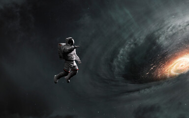 Fototapeta na wymiar 3D render of Astronaut looks at black hole and event horizon. 5K realistic science fiction art. Elements of image provided by Nasa