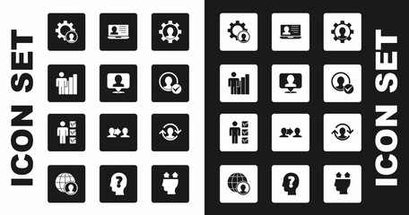 Set Human with gear, Location person, Productive human, Head hunting, Create account screen, Laptop resume, resources and User of business suit icon. Vector