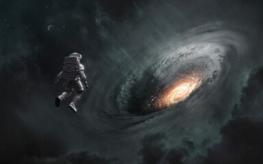 3D render of Astronaut looks at black hole and event horizon. 5K realistic science fiction art. Elements of image provided by Nasa - 516955257
