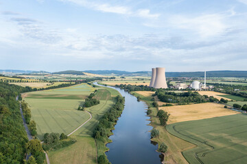 View of drone of nuclear power plant and river