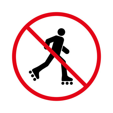 Man in Roll Red Stop Circle Symbol. No Allowed Skating Sign. Ban Entry in Roller Skate Black Silhouette Icon. Caution Forbidden Rollerskate Pictogram. Roller Prohibited. Isolated Vector Illustration