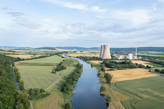 View Of Drone Of Nuclear Power Plant And River