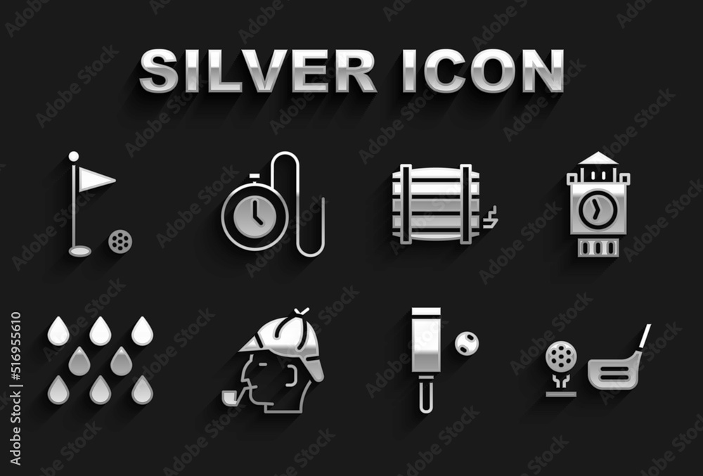 Sticker Set Sherlock Holmes, Big Ben tower, Golf club with ball on tee, Wood cricket bat and, Water drop, Wooden barrel, flag and Watch chain icon. Vector