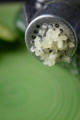 grated squeezed garlic with green cucumber. close-up. macro.