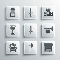 Set Medieval axe, Decree, parchment, scroll, Trumpet with flag, sword, throne, goblet, Poison in bottle and Castle, fortress icon. Vector