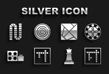Set Bingo, Casino roulette wheel, Chess, Toy building block bricks, Rubik cube, Board game and Checker chips icon. Vector