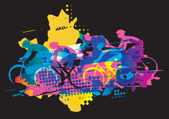 Cycling race, grunge background.
Expressive stylized drawing of a group of cyclists at full speed . Isolated on black background. Vector available.
